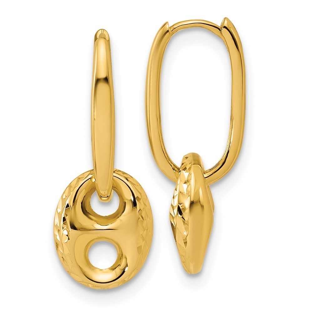 14k Yellow Gold Polished/Dia-cut Mariner Bead Hinged Hoop Earrings